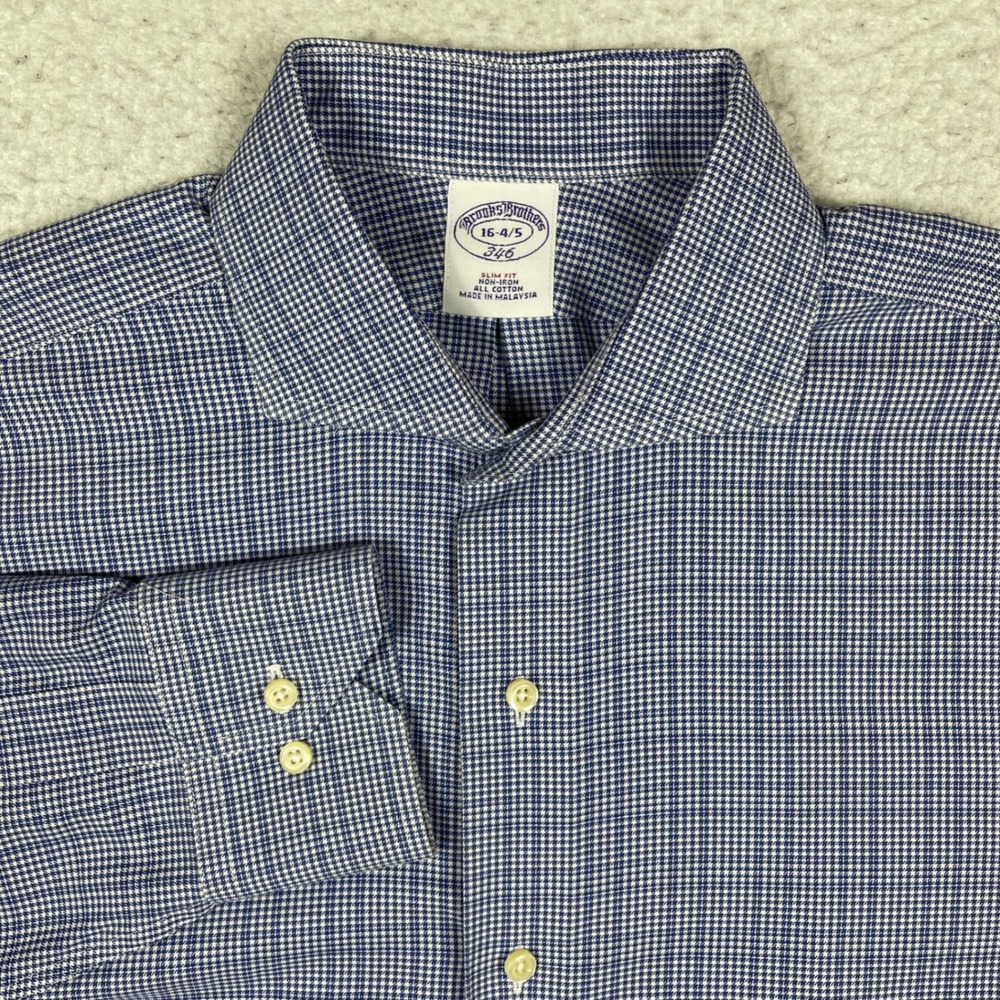 Brooks Brothers Dress Shirt Mens 16-4/5 Blue Houndstooth Slim Fit Non-Iron 346